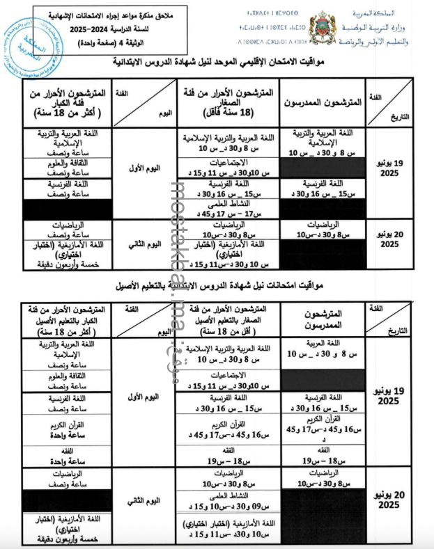 مواقيت الامتحان الاقليمي الموحد لنيل شهادة الدروس الابتدائية
