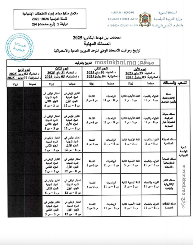 تواريخ ومواقيت الامتحان الوطني الموحد للدورتين العادية والاستدراكية للمسالك المهنية